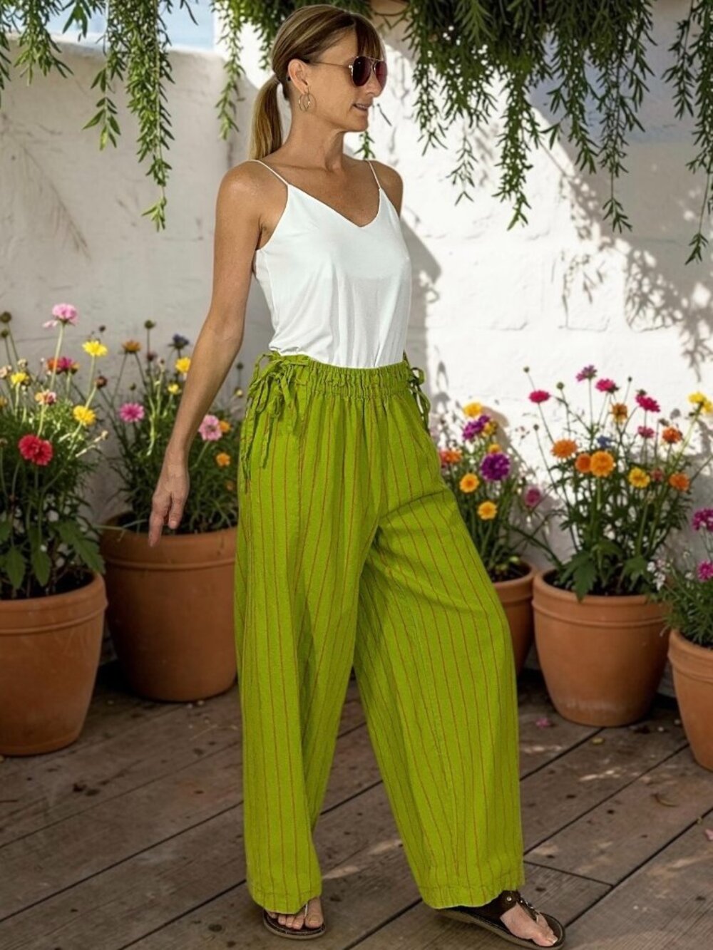 Free People Free-est Sun Dazed Cotton Linen Striped Pant S Green Martini Combo